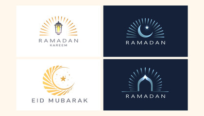 Fototapeta premium Set of Ramadan Kareem and Eid Mubarak logo templates with lantern, crescent moon, star and mosque arch icons. Modern Islamic greeting badges for banners, posters, social media, vector. 