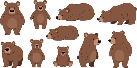 Cute brown bear character collection vector illustration set showing cartoon bears in different poses, standing, sitting, and sleeping for wildlife designs © MstGulzan