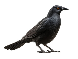 A striking black bird stands with a dignified posture. This bird showcases its sleek, dark plumage, highlighted against the background. Isolated Transparent Background, PNG