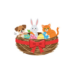 Cute Easter Animals in a Nest with Colorful Eggs. © tere