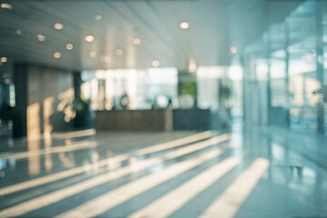 Obraz premium Office interior room. Blurry workspace with unfocused effect background. Modern corporate workspace with bokeh lights. Virtual conference. Abstract design. Blending of indoor, outdoor elements.