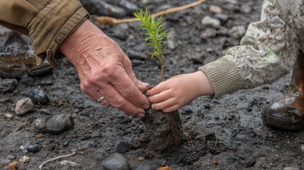 An old woman holds a small plant while a child assists in planting it in dark soil, showing commitment to nurturing the earth