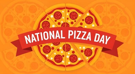 National pizza day with a pizza and a banner on an orange background