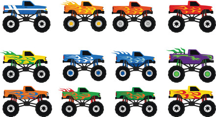 Colorful monster truck vector set with flame designs, off-road vehicles, big wheels and extreme racing cars isolated on white background © MstGulzan