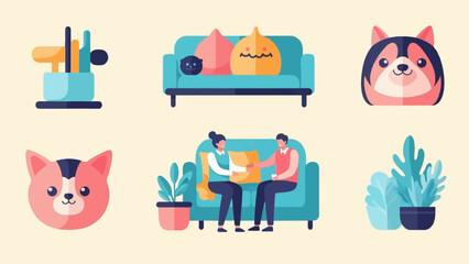 Obraz na płótnie Canvas Diverse cartoon illustrations of home decor, people, and pets