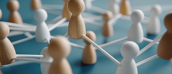 Wooden figures stand together connected by lines on a blue background. The scene shows ideas of teamwork and networking