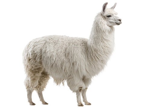 A majestic llama standing tall with its head held high, showcasing its soft, white fleece Isolated Transparent Background, PNG - Powered by Adobe