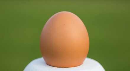 A single brown egg sitting on a white surface against a green blurred background, viewed from the front