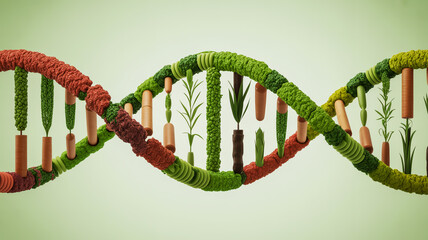 Genetic blueprint of nature: a conceptual dna helix formed from vibrant fresh vegetables and plant elements