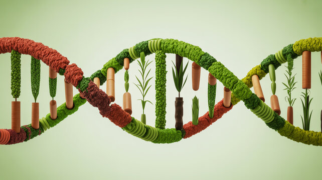 Genetic blueprint of nature: a conceptual dna helix formed from vibrant fresh vegetables and plant elements - Powered by Adobe
