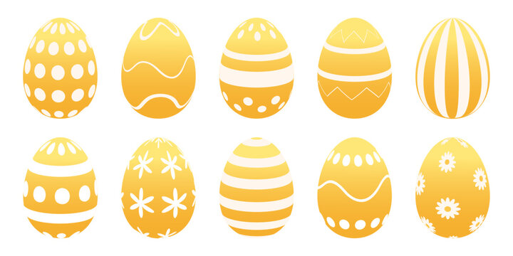 Set of golden yellow Easter eggs with decorative patterns. Flat vector elements in pastel gold color for spring designs, greeting cards, packaging, stickers, posters and seasonal illustrations.