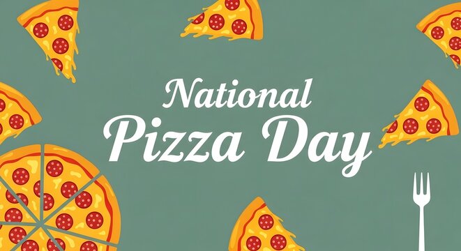 National pizza day graphic with slices and utensils on green background