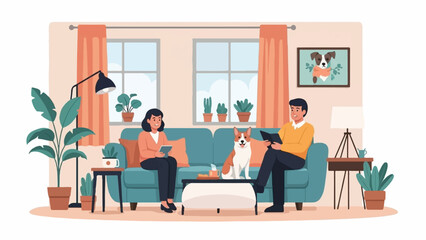 Obraz na płótnie Canvas Cozy living room scene with a couple and their dog reading