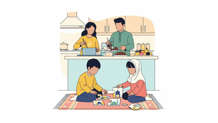 Family Preparing Meal Together in Kitchen.