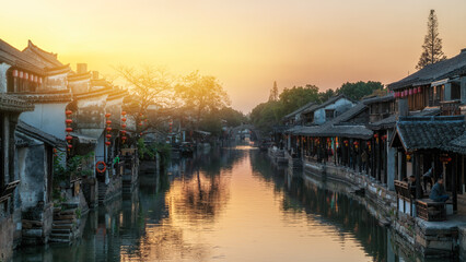 Scenic View of Ancient Water Town at Sunset