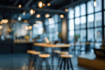Office interior room. Blurry workspace with unfocused effect background.  Modern corporate workspace with bokeh lights. Virtual conference. Abstract design. Blending of indoor, outdoor elements.