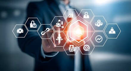 Businessman interacting with futuristic network icons