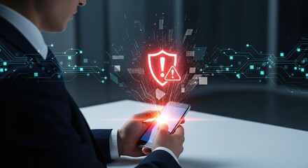 Unrecognized Businessman Using Smartphone with Rising Digital Alert Symbol