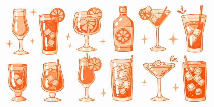 Illustration of various orange toned alcoholic and non alcoholic summer drinks