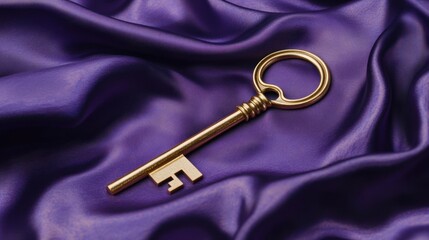 Golden antique key on purple satin