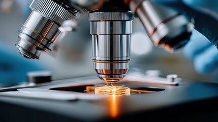 Scientist focuses on a microscope in a laboratory, observing samples and conducting research on various materials and structures