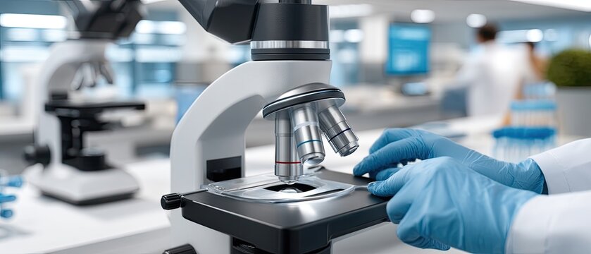 Scientist focuses on a microscope in a laboratory, observing samples and conducting research on various materials and structures