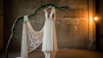 Bridal gown hangs from decorated branches against old wall