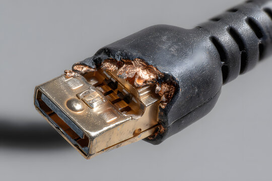 Damaged USB cable with exposed wires and corrosion showing on the connector end