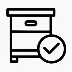 Line icon of a hive box and a checkmark &mdash; inspected hive, black on white, square minimalist style