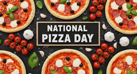 National pizza day with multiple pizzas and toppings on dark background