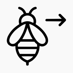 Line icon of a bee and a small arrow &mdash; bee movement, black on white, square minimalist style