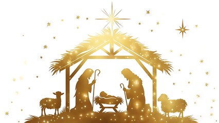 Golden Nativity scene with silhouettes of Mary, Joseph, baby Jesus, and animals under a star-lit sky