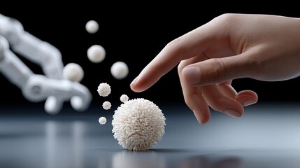 Human hand reaches out to robot finger, making contact with a digital globe that shows ongoing AI technology interaction in dark blue