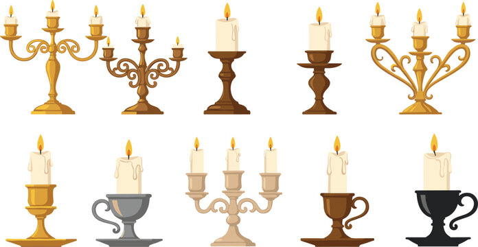 Candle holder and candelabra collection vector illustration set featuring elegant vintage candlesticks with lit candles for decor and celebration designs
