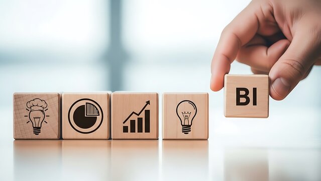 Business intelligence concept with hand holding wooden block