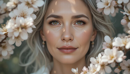 Soft spring portrait of beautiful woman surrounded by blooming flowers