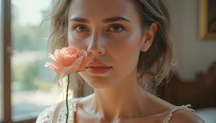 Serene woman holding rose near window in quiet morning light