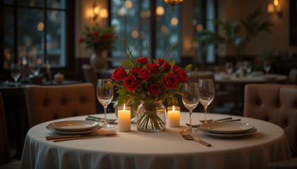 Romantic dinner table with roses and candlelight in elegant restaurant