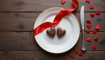 Chocolate heart sweets on plate with ribbon for romantic celebration