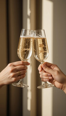 Hands holding champagne glasses in warm light for celebration moment