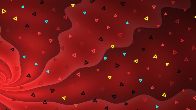 Abstract red background with swirling patterns and colorful triangles.