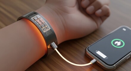 A futuristic, innovative wristband charges a smartphone from body heat. AI generated.
