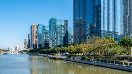 Fototapeta premium Ningbo, China: city skyline, architecture, landscape, city, metropolis, landmark, background, tourist destination, downtown, modern.