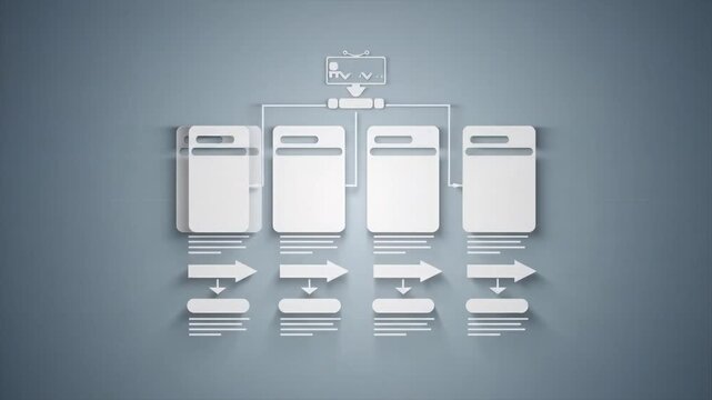 Minimal abstract animation depicting a sequential automated workflow enhanced by subtle internal feedback motion, representing monitoring and control systems. Corporate visual style, neutral tones, sm