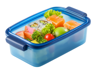 Freshly prepared sushi and salmon pieces, along with vibrant vegetables, meticulously arranged within a convenient lunchbox. Isolated Transparent Background, PNG