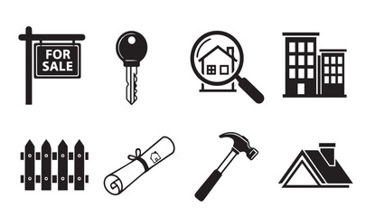 Fototapeta premium Black vector icons of real estate and construction symbols on white background