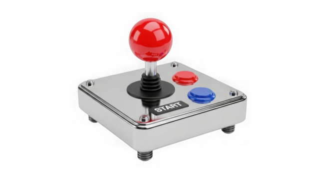 Classic Arcade Joystick Controller With Red Ball On Black Background - Powered by Adobe