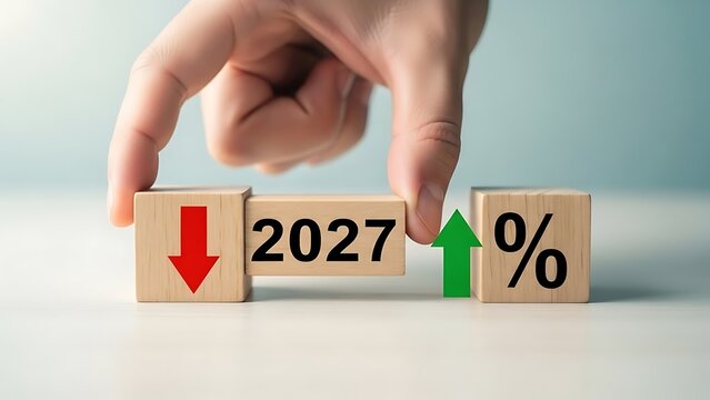 Hand arranging wooden blocks with 2027 down arrow and up percentage signs