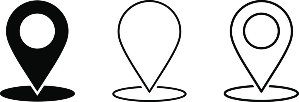 Map pin location icon set with shadow, simple flat vector illustration for navigation apps, web design, travel interface, and cad drawing elements.