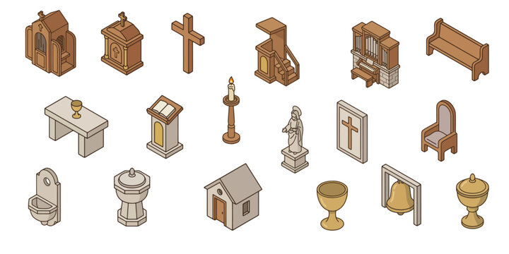 Isometric Church Interior Elements and Religious Objects Vector Set - Catholic Church Furniture and Liturgical Items Collection